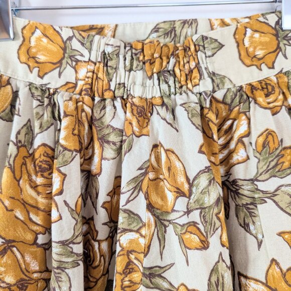Beige A-Line Basque Waist Midi Skirt with Mustard Yellow Roses - Has Pockets XS - Picture 10 of 11